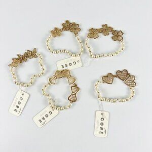Lot of NWT Faux White Pearl Stretch Layering Bracelets Gold Tone Hearts Flowers